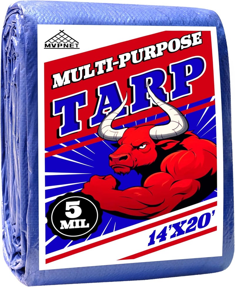 MVPNET Tarp 14x20 ft 100% Waterproof Uv Resistant High Durability Multipurpose 5mil Blue Tarp for Covering Courtyards, Cars, Camping, Gardens, Pet Nests -by - Image 1